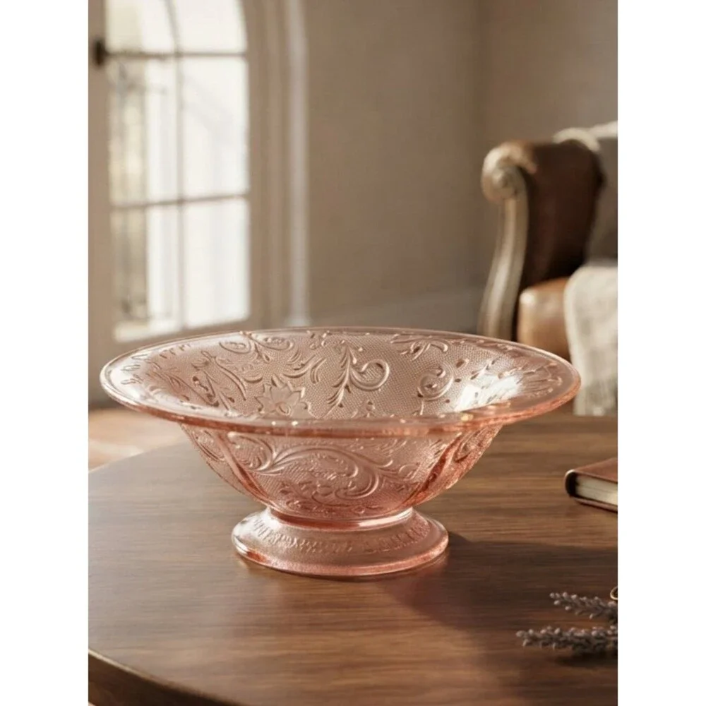 Vintage Indiana Pink Glass Bowl Floral Lace Pattern 11